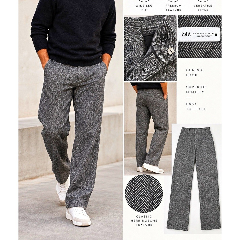 ZARA Men’s 34 Wide Leg Herringbone Trousers Gray Black Tailored Dress Pants NWT